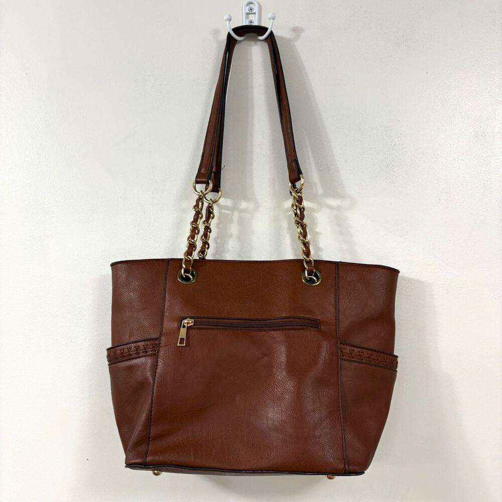 Brown Tote Shoulder Bag Gold Chain Whipstitch Large Boho Purse Handbag